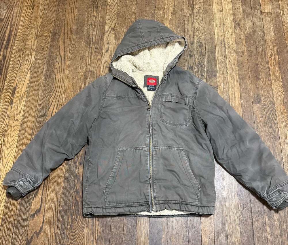 Dickies Sherpa Lined Hooded Jacket Gray Canvas Rugged Workwear Vintage Fade M